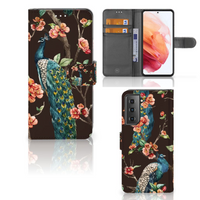 Samsung Galaxy S21 Telefoonhoesje met Pasjes Pauw met Bloemen - thumbnail