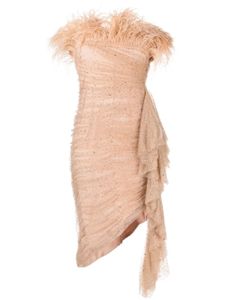 Badgley Mischka robe longue asymétrique bordée de plumes - Orange