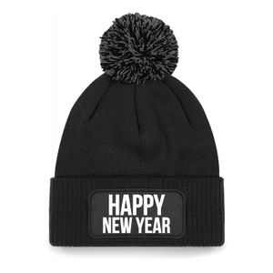 Happy New Year muts met pompon unisex - one size - zwart One size  -