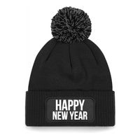 Happy New Year muts met pompon unisex - one size - zwart One size  -