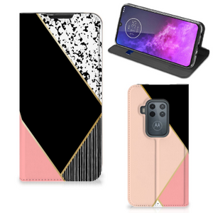 Motorola One Zoom Stand Case Zwart Roze Vormen