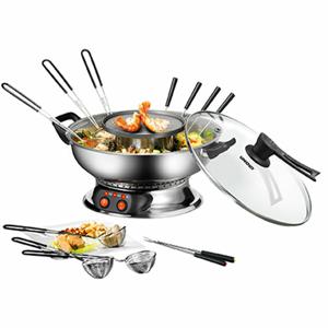 Unold Asia Fondue Fondue 1350 W 2 gescheiden temperatuurregelaars, 6 fonduevorkjes, Grillfunctie RVS