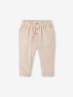 Gestreepte babybroek met elastische tailleband zandbeige - thumbnail