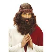 Religieuze verkleed accessoires - Jezus Christus - verkleed pruik - bruin met baard - thumbnail