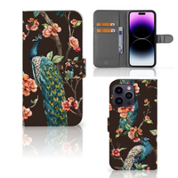 iPhone 15 Pro Max Telefoonhoesje met Pasjes Pauw met Bloemen