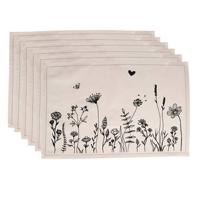 Clayre & Eef Placemats Set van 6 48x33 cm Beige Zwart Katoen Bloemen