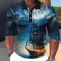 Voor heren POLO Shirt Golfshirt Bliksem Grafische prints Wijnoogst Piraat Zeilboot Strijkijzer Blauw-Groen Rood blauw Paars Groen Buiten Straat Lange mouw Afdrukken Kleding Modieus Streetwear Lightinthebox