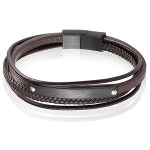 Mendes Heren Armband Bruin Leer Edelstaal ID Graveerplaat Zwart-21cm