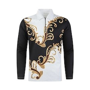 Bloemig Casual Voor heren Polo met rits Lange mouw Buiten Casual / Dagelijks Streetwear Herfst winter 3D Afdrukken Strijkijzer Rits Wit Micro-elastisch Polyester Lightinthebox