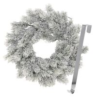 Kerstkrans 35 cm - groen - besneeuwd - met zilveren hanger/ophanghaak - kerstversiering