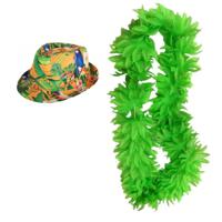 Hawaii thema party verkleedset - Hoedje Tropical print - bloemenkrans neon groen- Tropical toppers - thumbnail