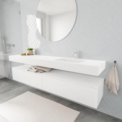 Zaro ALAN vrijhangende wastafel 200cm met wasbak Enkel rechts en onderkast in kleur Wit mat 2 lade(s) Zaro ALAN vrijhangende wastafel 200cm met wasbak Enkel rechts en onderkast in kleur Wit mat 2 lade(s)