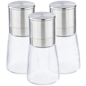 Set van 3x stuks kruidenmolen/pepermolen/zoutmolen RVS/glas transparant/zilver 13 cm