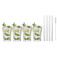 4x Cocktailglazen / Mojito glazen transparant 410 ml met glazen rietjes - thumbnail