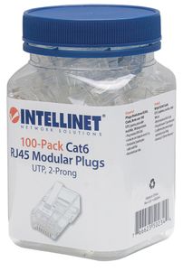 Intellinet Kabel Intellinet verpakking van 100 stuks Cat6 modulaire RJ45-stekkers UTP 2-voudige klem voor gevlochten draad 100 stekkers per pot 502344