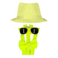 Carnaval verkleed set compleet - hoedje/bretels/bril/strikje - fluor geel - heren/dames - glimmend