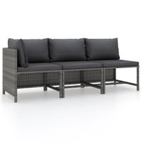 3-delige Loungeset met kussens poly rattan grijs