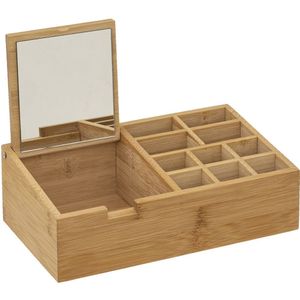 Make-up/nagellak organizer 11 vakken met spiegel rechthoek 24,5 x 8 cm van bamboe   -