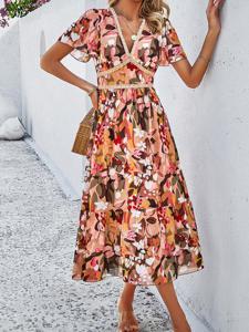 V Neck Casual Floral Dress With No