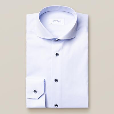 Eton Overhemd Lichtblauw Twill Navy Knopen Cutaway Contemporary Fit