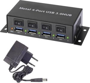 Renkforce RF-3955362 USB 3.2 Gen 1-hub 4 poorten Met metalen behuizing, Individueel schakelbaar, Voor wandmontage Zwart