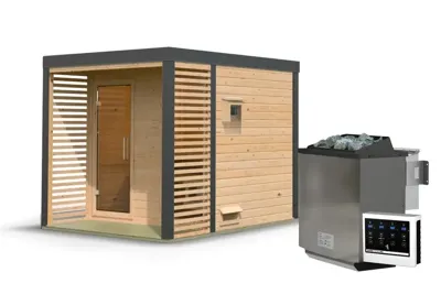 Karibu | Ares 2 Buitensauna | Onbehandeld-Antraciet | Biokachel 9 kW Externe Bediening