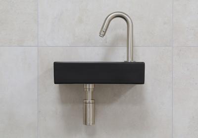 Mueller Mini Rhea zwarte fonteinset met gebogen fonteinkraan rechts in de kleur RVS