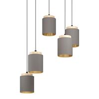 Eglo Albariza Hanglamp, 5 lichtpunten, E27, vintage/modern design, van staal, hout en textiel in zwart/natuur/cappuccino/goud, voor eetkamer en woonkamer