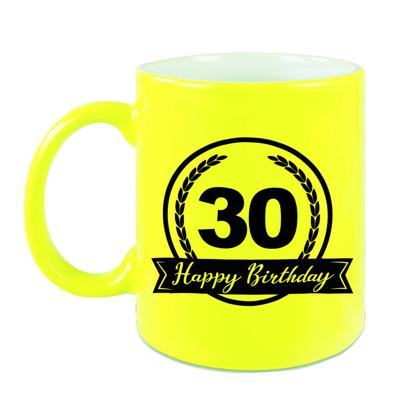 Happy Birthday 30 years met wimpel cadeau mok / beker neon geel 330 ml - verjaardagscadeau - feest mokken Happy Birthday 30 years met wimpel cadeau mok / beker neon geel 330 ml - verjaardagscadeau - feest mokken