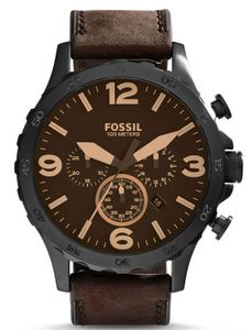 Fossil JR1487 Horloge Nate Chrono staal-leder zwart-bruin 50 mm