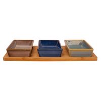 Serveerplank bamboe 31 x 15 cm met 3x luxe hapjes/saus/tapas schaaltjes