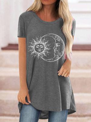 Vintage Moon And Sun Printed Plus Size Short Sleeves Crew Neck Casual Tops Vintage Moon And Sun Printed Plus Size Short Sleeves Crew Neck Casual Tops