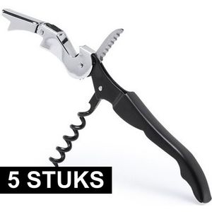 5x Zwart met zilveren RVS kurkentrekkers met flesopener en mes   -