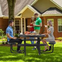 Ronde Buiten Picknicktafel met Bank voor 8 Personen Metalen Campingtafel met Zitplaatsen en Gat voor Parasol Buiten Tafel voor Tuin Zwembad - thumbnail