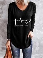 Long Sleeve Letter V Neck Casual T-shirt