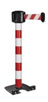 Buitenpaal rood/wit zware basis op wielen - riem 10m rood/wit