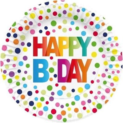 16x Stuks Happy B-day Kartonnen Feestbordjes Met Stippen 23 Cm - Feestbordjes 16x Stuks Happy B-day Kartonnen Feestbordjes Met Stippen 23 Cm - Feestbordjes