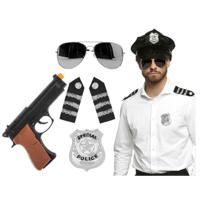 Carnaval verkleed set - politiepet - zwart - met epauletten/badge/zonnebril/pistool - heren/dames