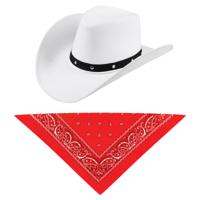 Carnaval verkleedset cowboyhoed Billy Boy - wit - met rode hals zakdoek - voor volwassenen