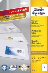 Avery-Zweckform 6119 Universele etiketten 210 x 297 mm Papier Wit 30 stuk(s) Permanent hechtend Inkjet, Laser (zwart/wit), Laser (kleur), Kopiëren (zwart/wit),