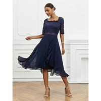 Dames A lijn jurk Halflange jurk Chiffon Kant Ruche Bruiloft gast Cocktailparty Elegant Formeel Vierkante hals Halve mouw Donkerblauw Kleur Lightinthebox