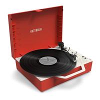 Victrola Re-Spin – Duurzame kofferplatenspeler met 3 snelheden (33 1/3, 45 & 78 RPM), riemaangedreven Bluetooth-draaitafel met ingebouwde basradiator en 3,5 mm hoofdtelefoonaansluiting (Rood)