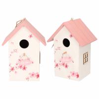 2x Nestkast/vogelhuisje Hout Wit Met Roze Dak 15 X 12 X 22 Cm - Vogelhuisjes