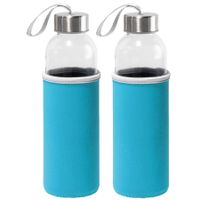 4x Stuks glazen waterfles/drinkfles met turquoise blauwe softshell bescherm hoes 520 ml - thumbnail