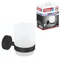 tesa MOON BLACK Tandenborstelhouder van Gesatineerd Glas met Houder, mat zwart - voor Industriële en Moderne Badkamers - Zonder Boren, zelfklevend - 96 mm x 70 mm x 109 mm,Zwart/Wit