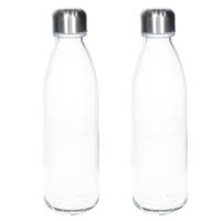 2x Stuks glazen waterfles/drinkfles transparant met Rvs dop 650 ml