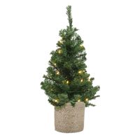 Kunstboom/kunst kerstboom groen 60 cm met verlichting en naturel jute pot - thumbnail