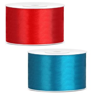 Sierlinten/cadeaulinten/satijnen linten - Set 2x stuks - rood en turquoise - 38 mm x 25 meter