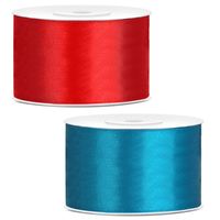 Sierlinten/cadeaulinten/satijnen linten - Set 2x stuks - rood en turquoise - 38 mm x 25 meter