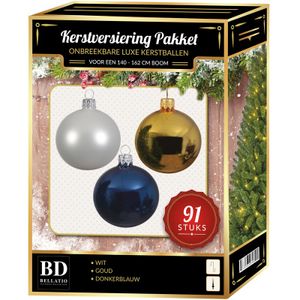 Kerstbal en piek set 91x wit-goud-blauw voor 150 cm boom